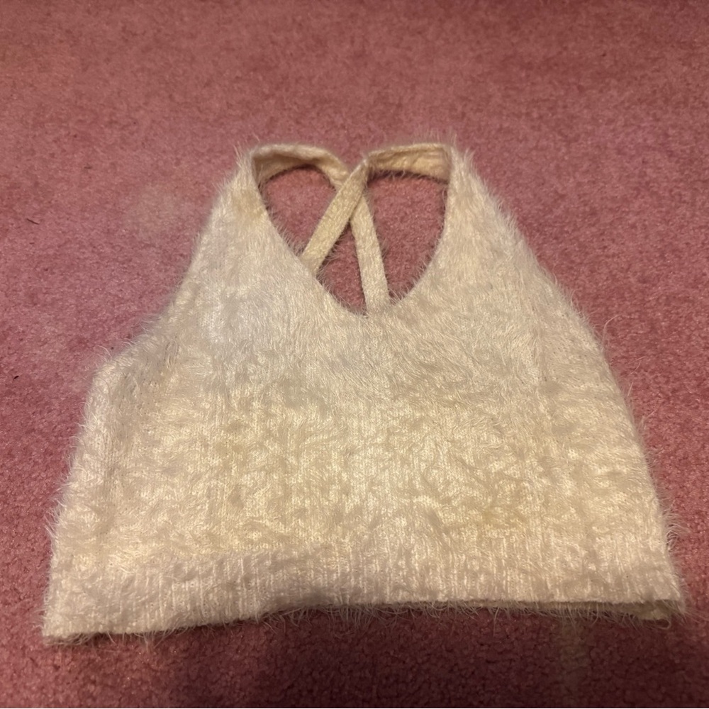 Fuzzy Ivory Cropped Tank with Crisscross Back